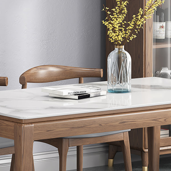 Mesa de comedor rectangular moderna de mediados de siglo, mesa de piedra sinterizada con base de madera de 4 patas