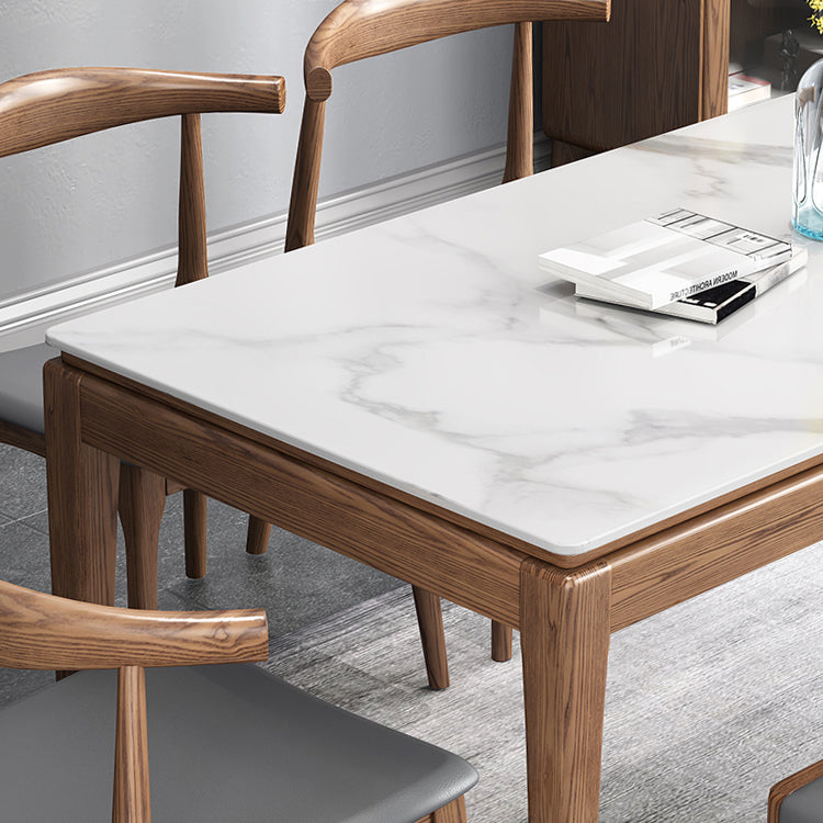 Mesa de comedor rectangular moderna de mediados de siglo, mesa de piedra sinterizada con base de madera de 4 patas
