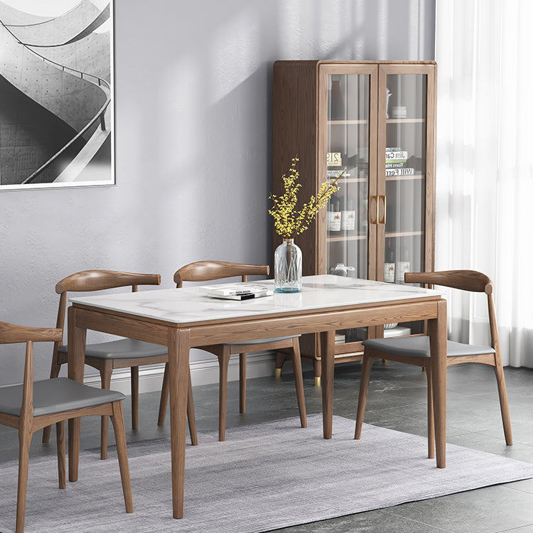 Mesa de comedor rectangular moderna de mediados de siglo, mesa de piedra sinterizada con base de madera de 4 patas