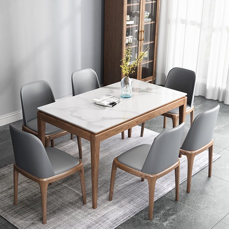 Mesa de comedor rectangular moderna de mediados de siglo, mesa de piedra sinterizada con base de madera de 4 patas