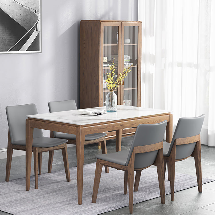 Mesa de comedor rectangular moderna de mediados de siglo, mesa de piedra sinterizada con base de madera de 4 patas