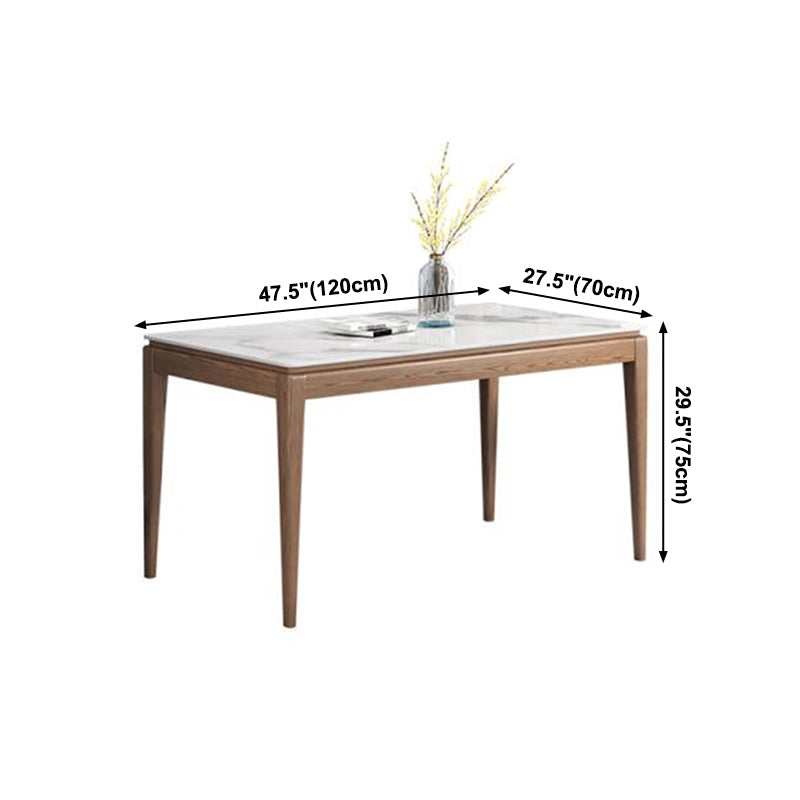 Mesa de comedor rectangular moderna de mediados de siglo, mesa de piedra sinterizada con base de madera de 4 patas