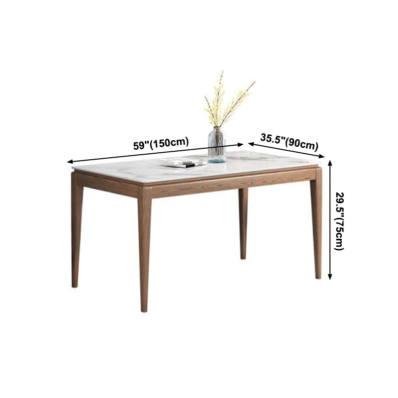 Mesa de comedor rectangular moderna de mediados de siglo, mesa de piedra sinterizada con base de madera de 4 patas