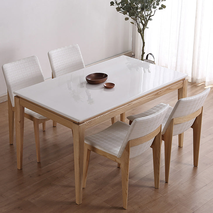 Middeleeuwse moderne marmeren rechthoekige tafel witte tafel met houten basis en 4 poten