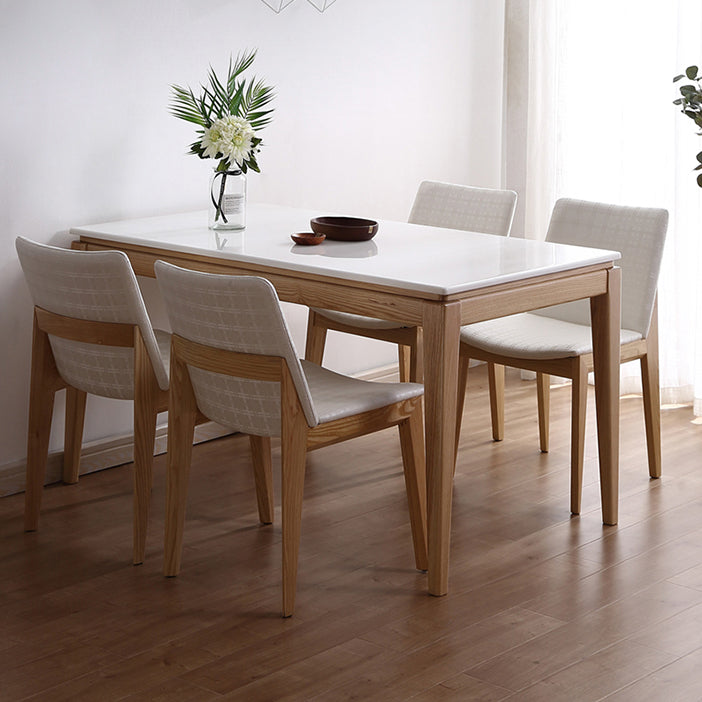 Middeleeuwse moderne marmeren rechthoekige tafel witte tafel met houten basis en 4 poten