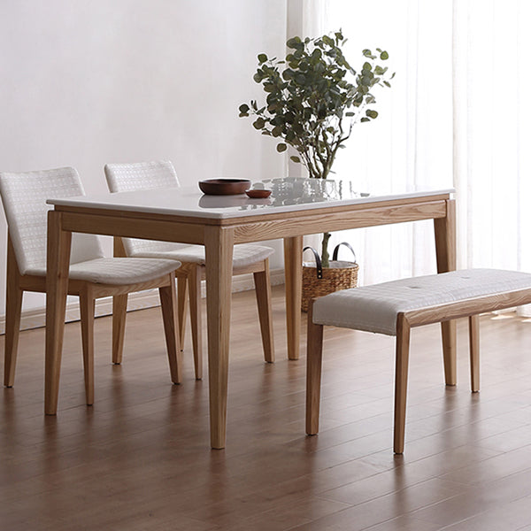 Middeleeuwse moderne marmeren rechthoekige tafel witte tafel met houten basis en 4 poten