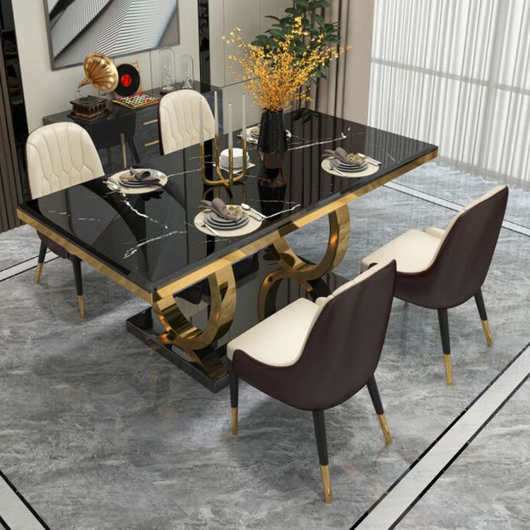 Rechteck traditioneller Luxus Esstisch Sintered Steintisch mit goldener Trestle Basis