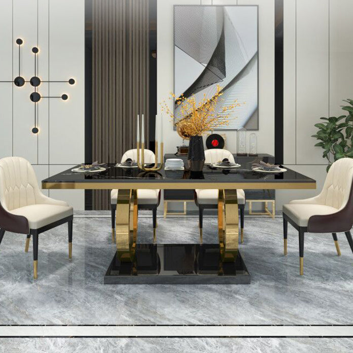 Rechteck traditioneller Luxus Esstisch Sintered Steintisch mit goldener Trestle Basis