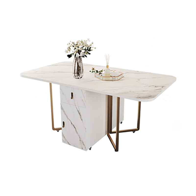 Mesa de comedor rectangular contemporánea, mesa abatible de piedra sinterizada con base de metal para comedor