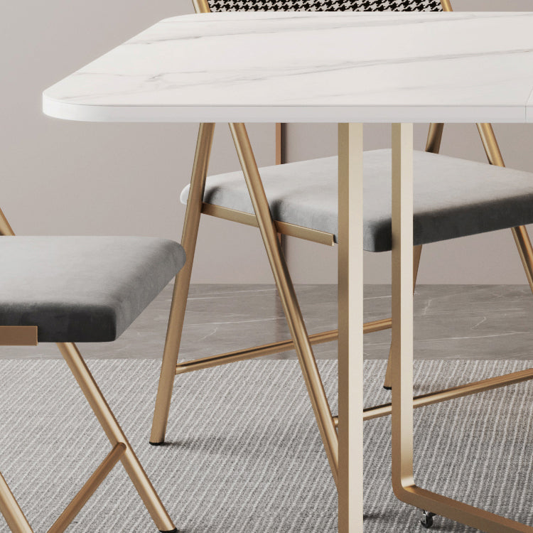 Mesa de comedor rectangular contemporánea, mesa abatible de piedra sinterizada con base de metal para comedor