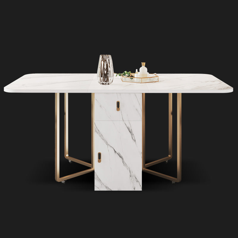 Mesa de comedor rectangular contemporánea, mesa abatible de piedra sinterizada con base de metal para comedor