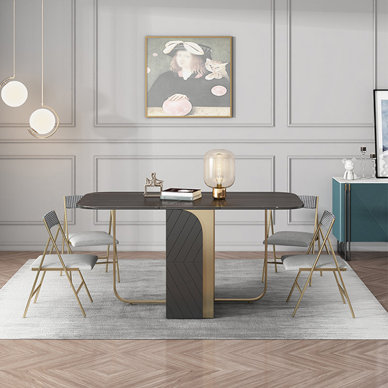 Modern Style Rectangle Dining Table 62.6" Sintered Stone Drop-Leaf Table with Metal Base
