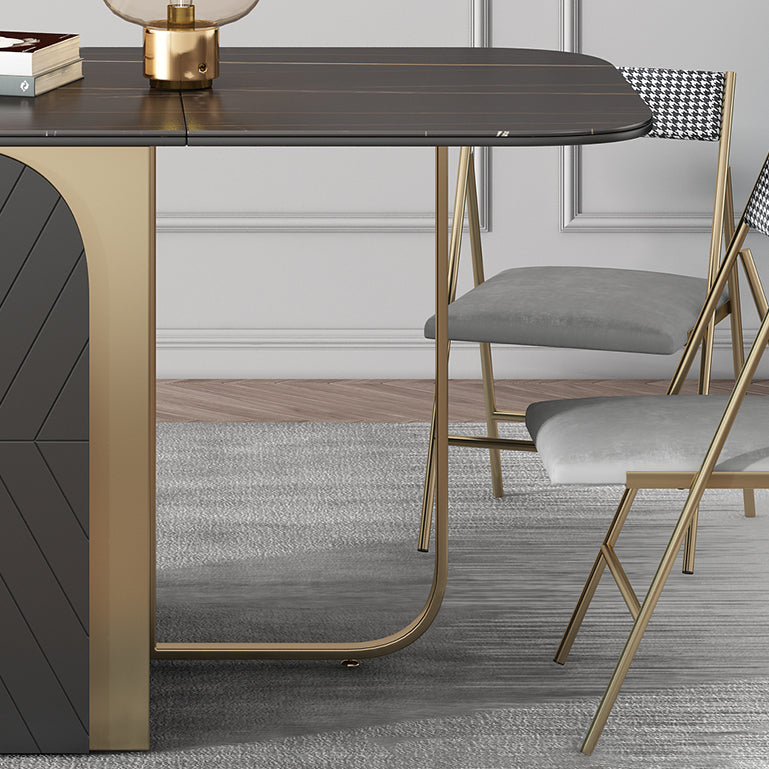 Modern Style Rectangle Dining Table 62.6" Sintered Stone Drop-Leaf Table with Metal Base