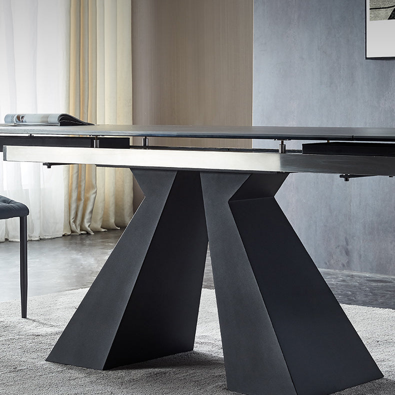 Rectangle Traditional Luxury Dining Table Grey Sintered Stone Table with Double Pedestal