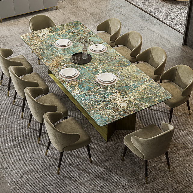 Rectangle Traditional Luxury Dining Table Green Sintered Stone Table with Trestle Base