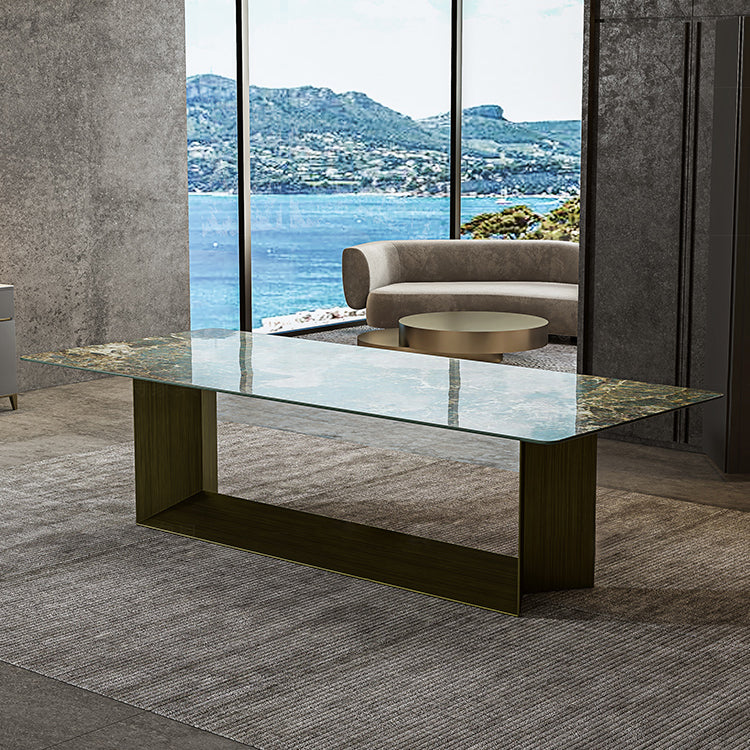 Rectangle Traditional Luxury Dining Table Green Sintered Stone Table with Trestle Base