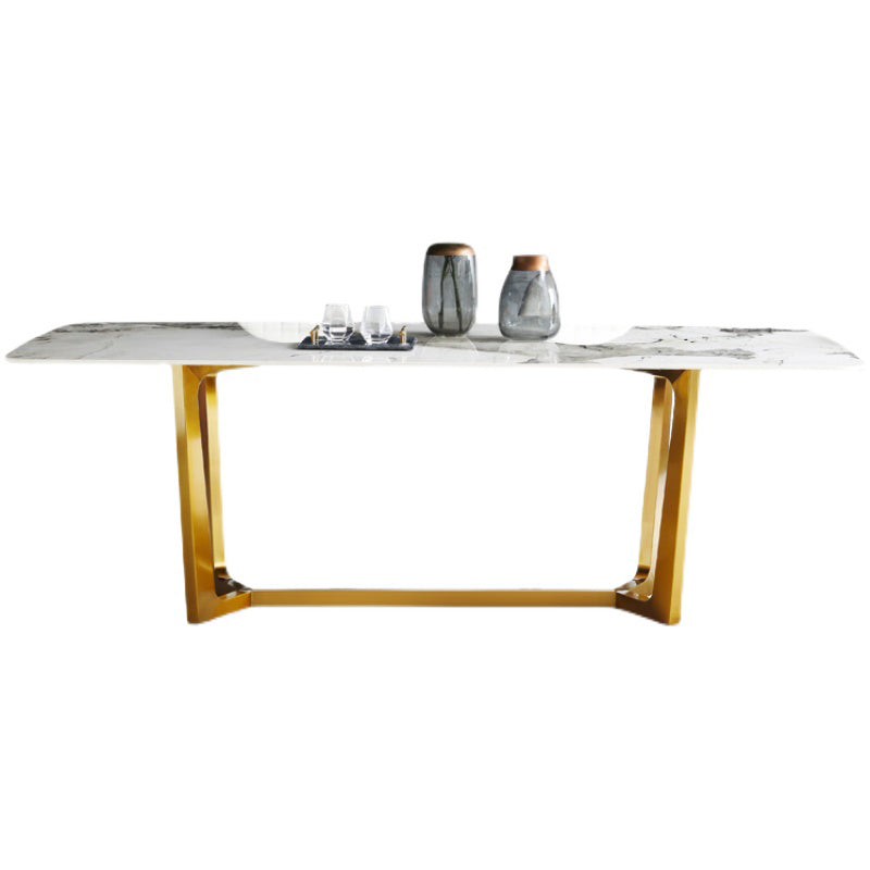 Rectangle Traditional Luxury Dining Table White Sintered Stone Table with Gold Trestle Base