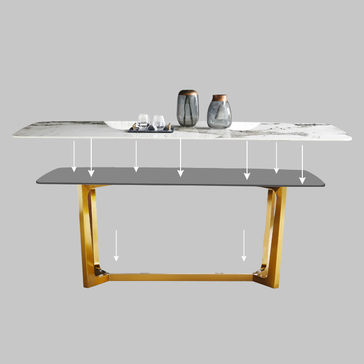 Rectangle Traditional Luxury Dining Table White Sintered Stone Table with Gold Trestle Base