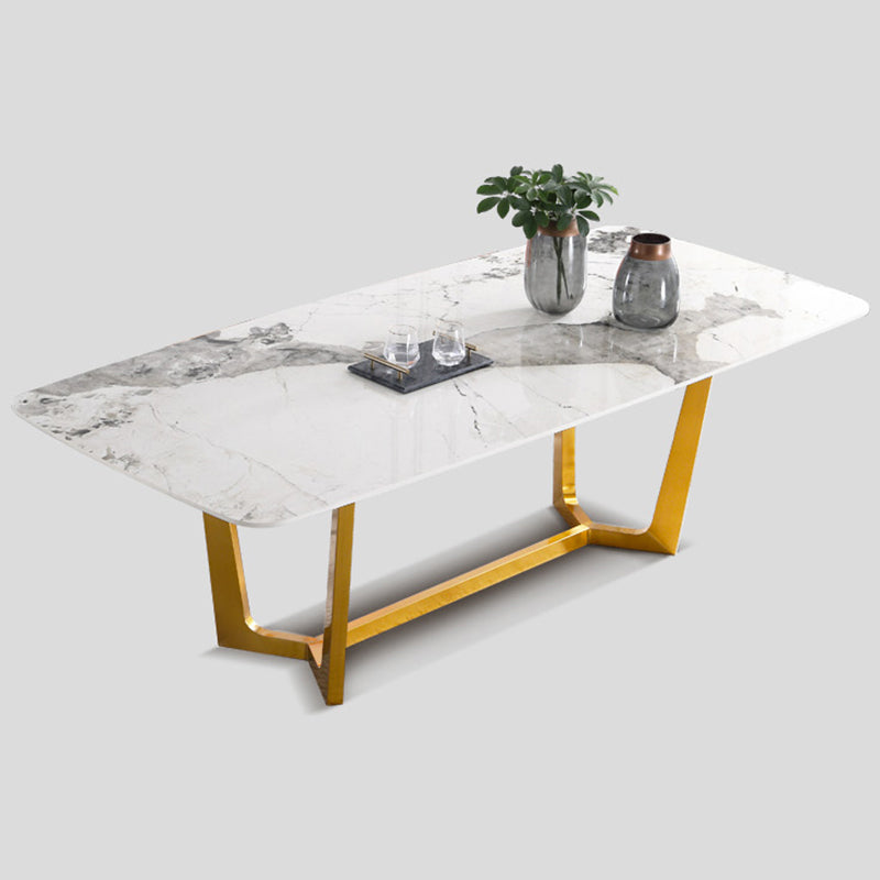 Rectangle Traditional Luxury Dining Table White Sintered Stone Table with Gold Trestle Base