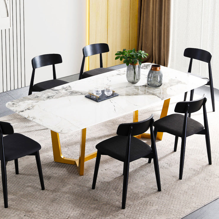 Rectangle Traditional Luxury Dining Table White Sintered Stone Table with Gold Trestle Base