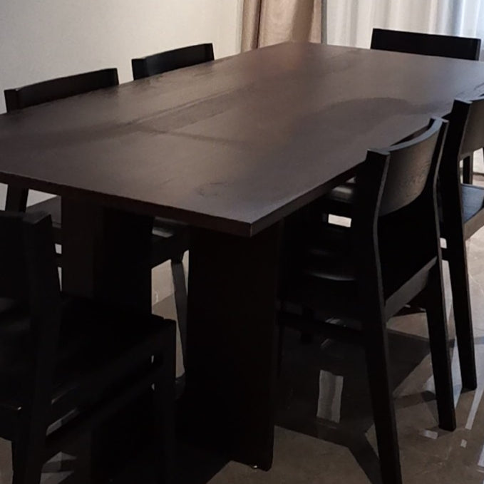 Mesa de comedor rectangular de color madera, mesa de madera maciza, simplicidad con pedestal doble