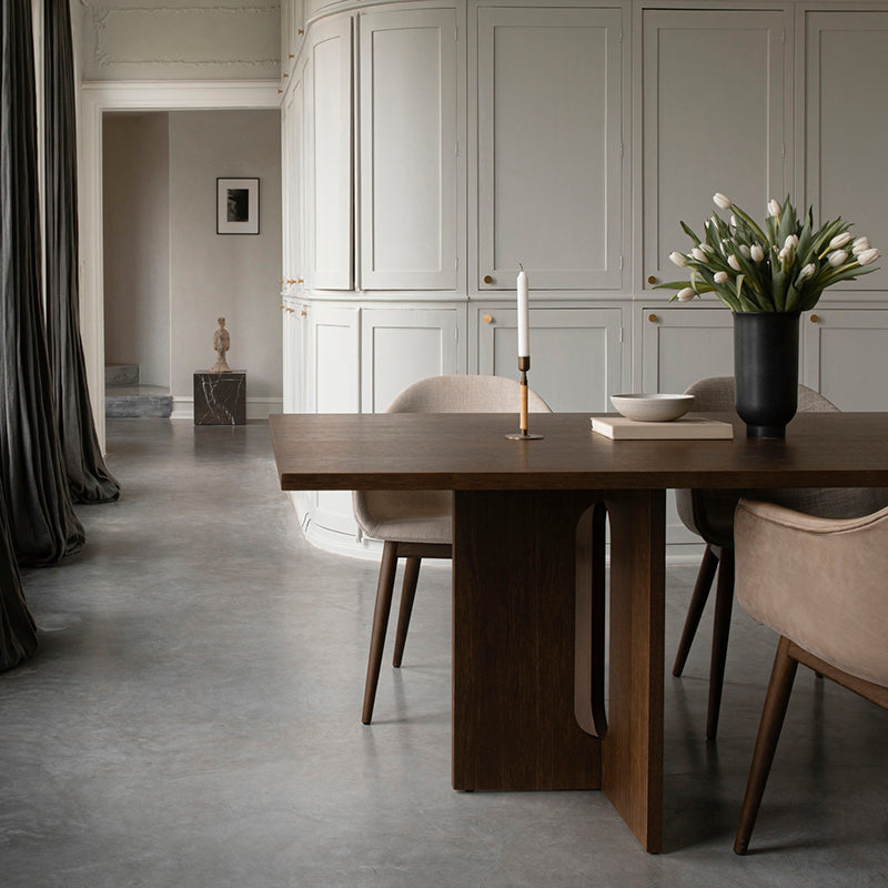 Mesa de comedor rectangular de color madera, mesa de madera maciza, simplicidad con pedestal doble