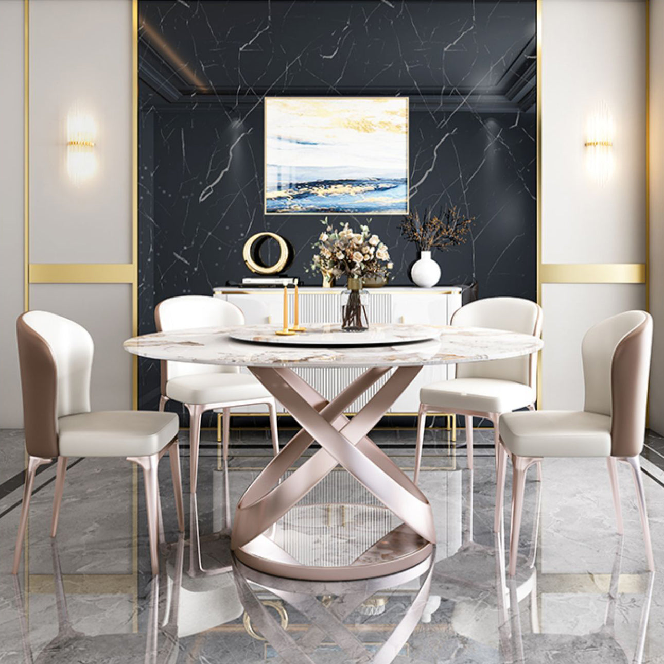 Traditional Luxury Round Dining Table Pedestal Dining Room Furniture with Turntable