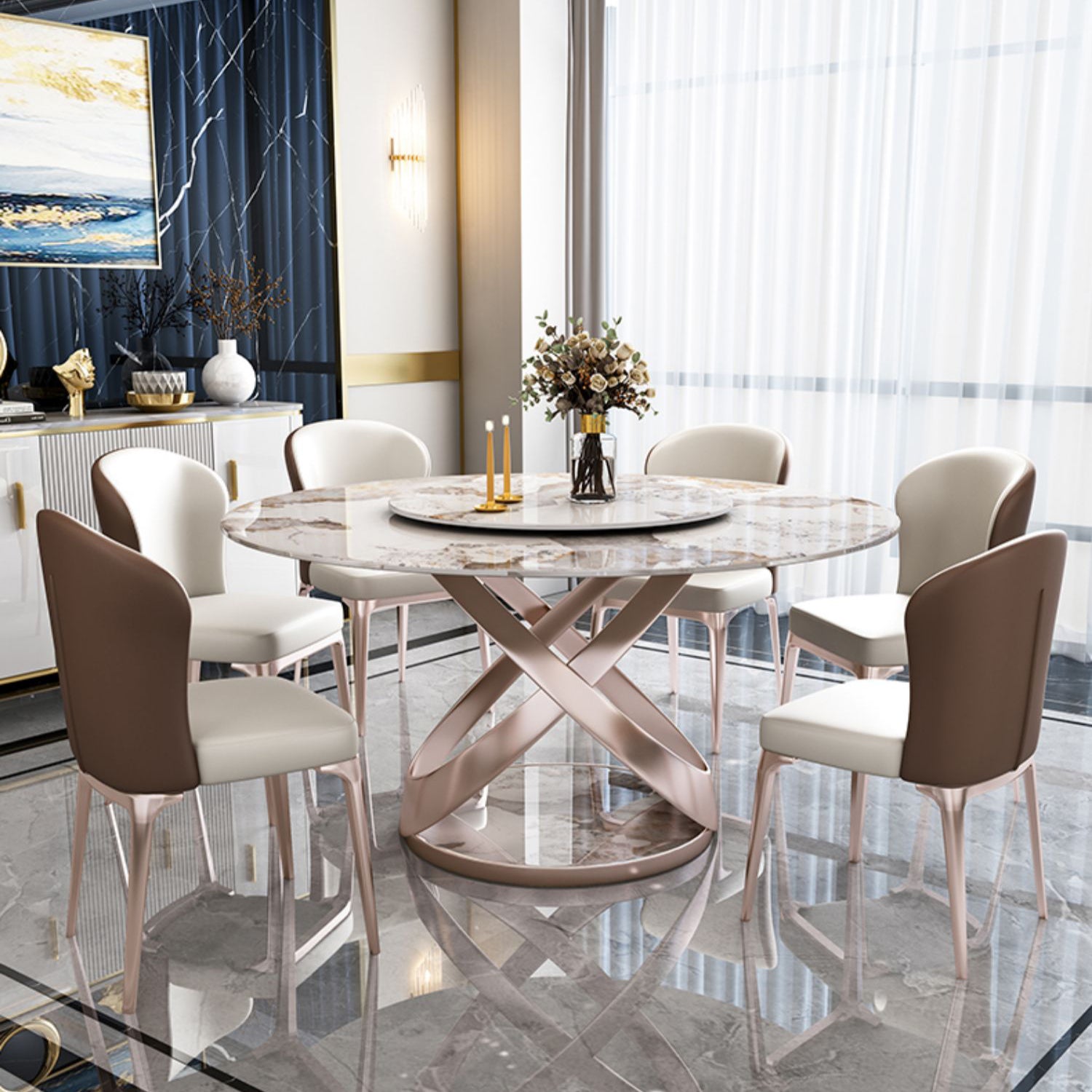 Traditional Luxury Round Dining Table Pedestal Dining Room Furniture with Turntable