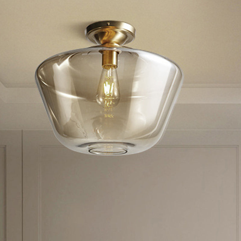 Lámpara de techo de tambor/jarrón con pantalla de cristal ámbar, lámpara de techo contemporánea de 1 luz con acabado de latón