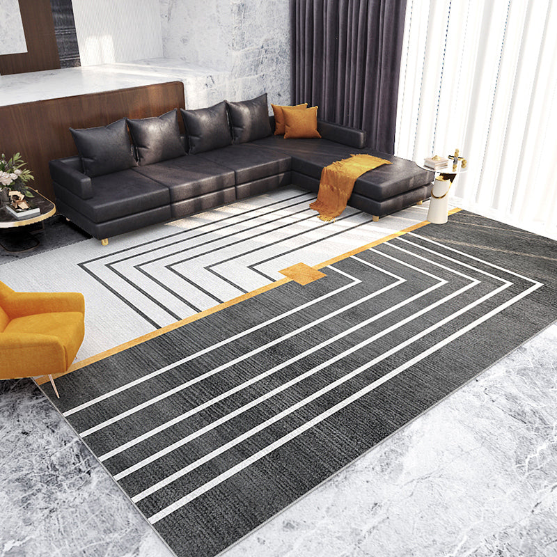 Black Modern Rug Polyester Stripe Rug Non-Slip Backing Rug for Home Decor