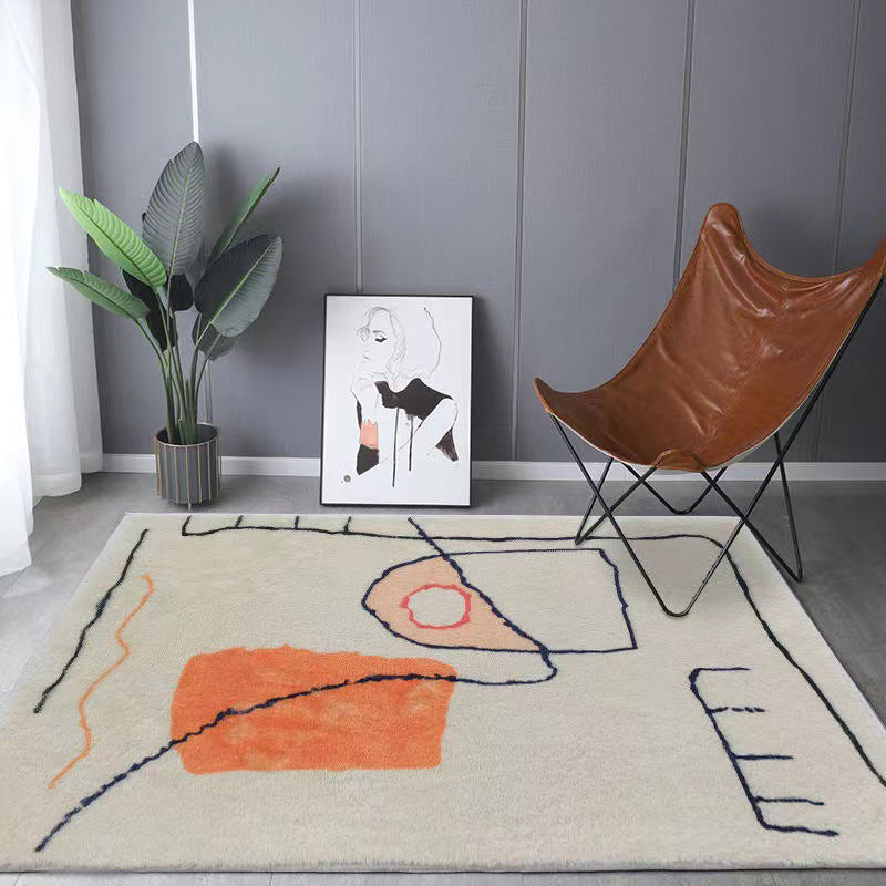 White Modern Rug Polyester Abstract Line Rug Non-Slip Backing Rug for Home Decor