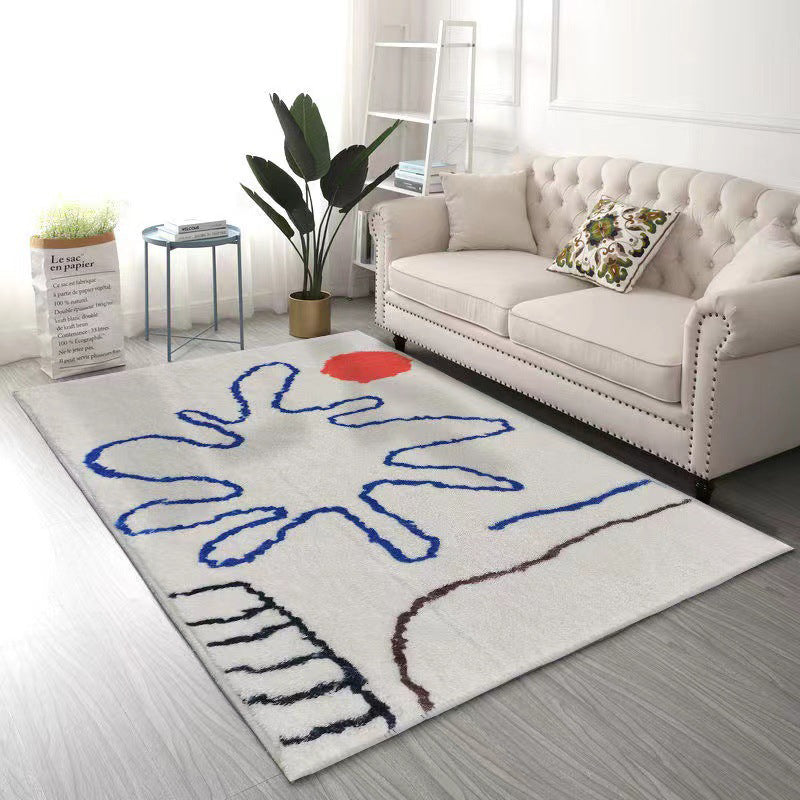 White Modern Rug Polyester Abstract Line Rug Non-Slip Backing Rug for Home Decor