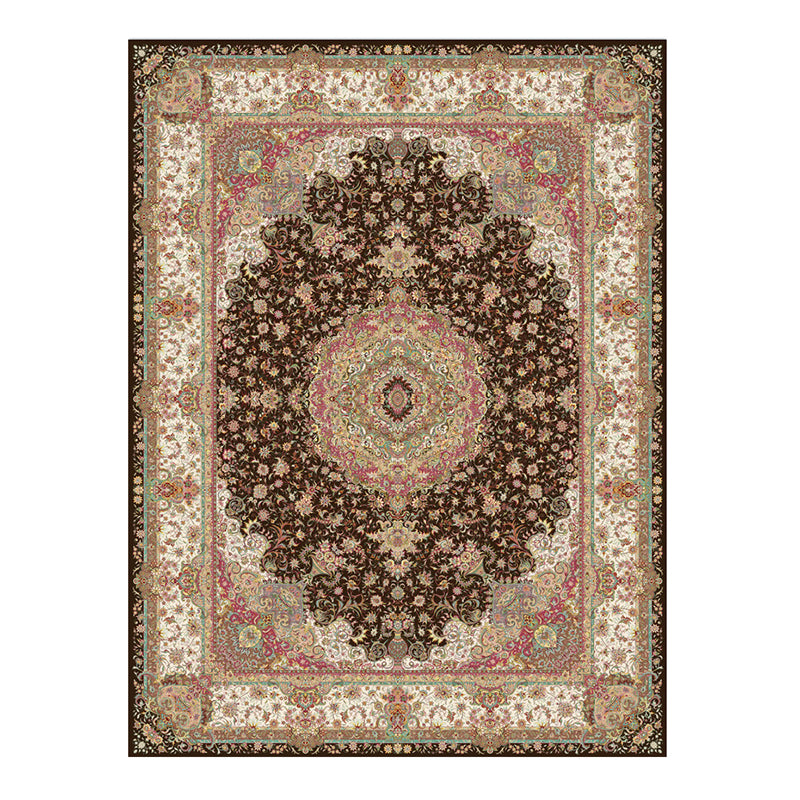 Brown Vintage Rug Polyester Medallion Rug Non-Slip Backing Rug for Home Decor