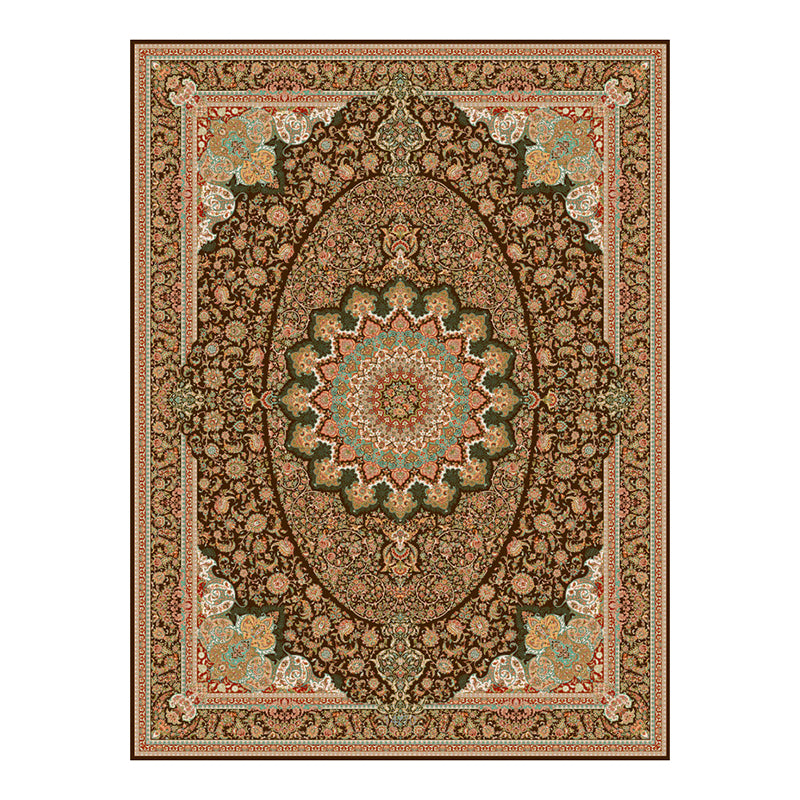 Brown Vintage Rug Polyester Medallion Rug Non-Slip Backing Rug for Home Decor