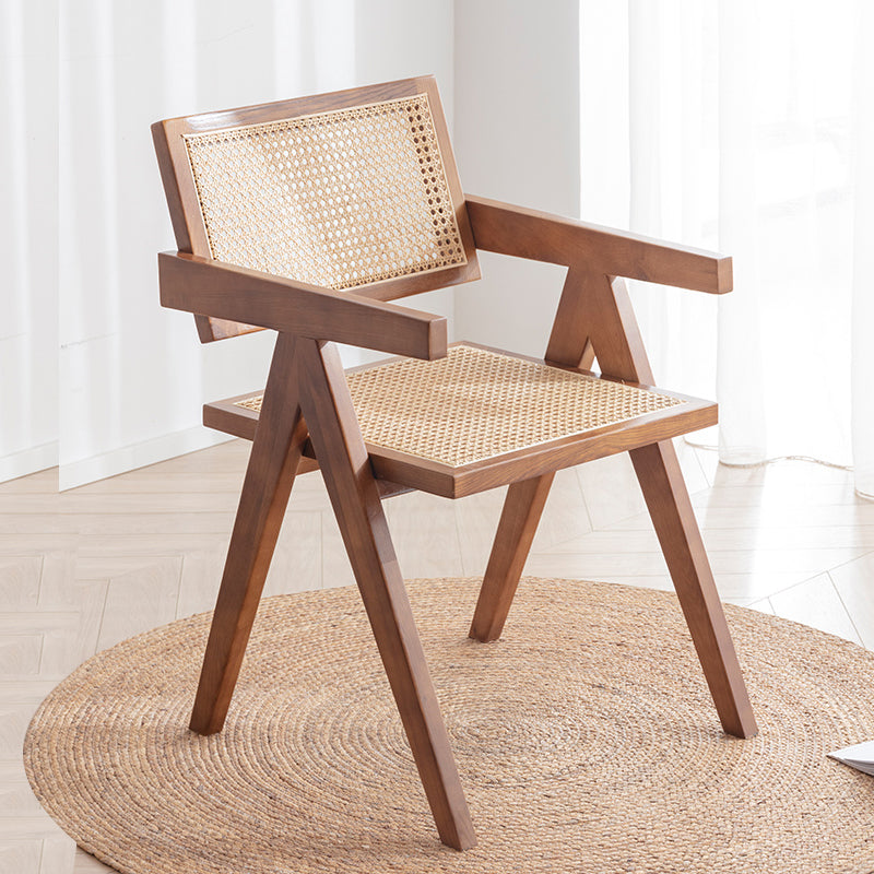 Chaise de salle à manger en bois traditionnelle, chaise de salle à manger à dossier en canne pour café avec accoudoirs