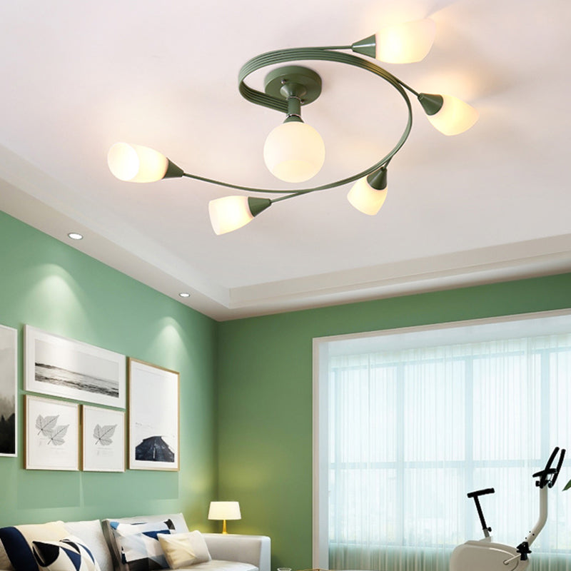 Modern Creative Macaron Ceiling Light Lacquered Iron Radial Semi Flush Mount with White Glass Shade
