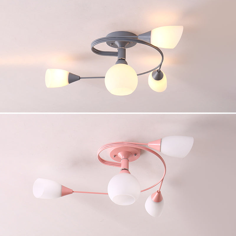 Modern Creative Macaron Ceiling Light Lacquered Iron Radial Semi Flush Mount with White Glass Shade