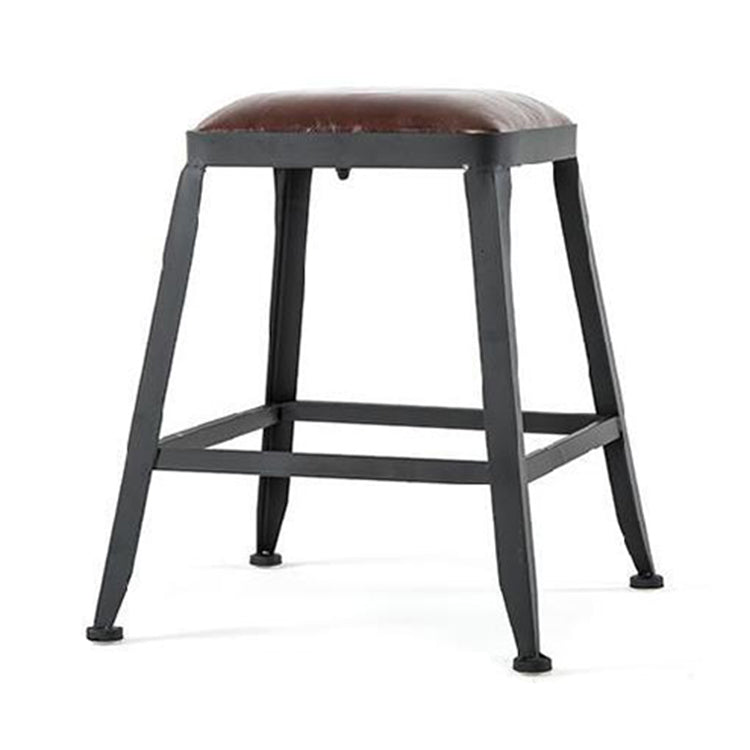 Industrial Brown Leather Bar Stools Square Stool with Metal Base