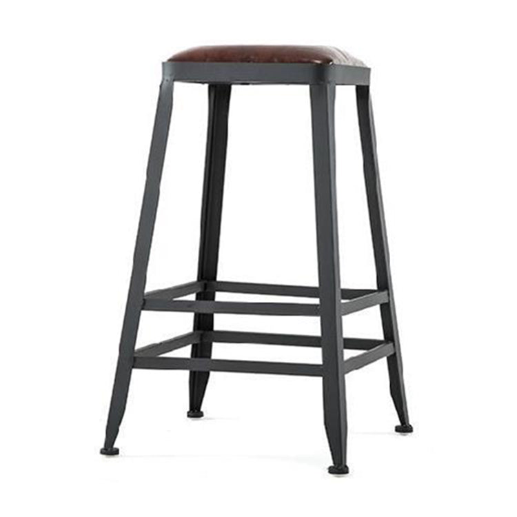 Industrial Brown Leather Bar Stools Square Stool with Metal Base