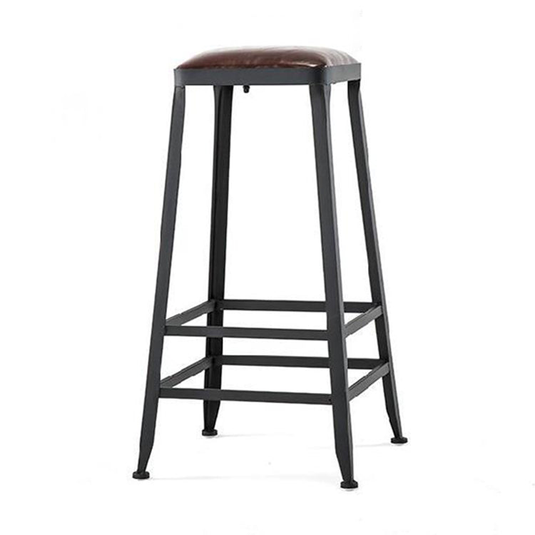 Industrial Brown Leather Bar Stools Square Stool with Metal Base