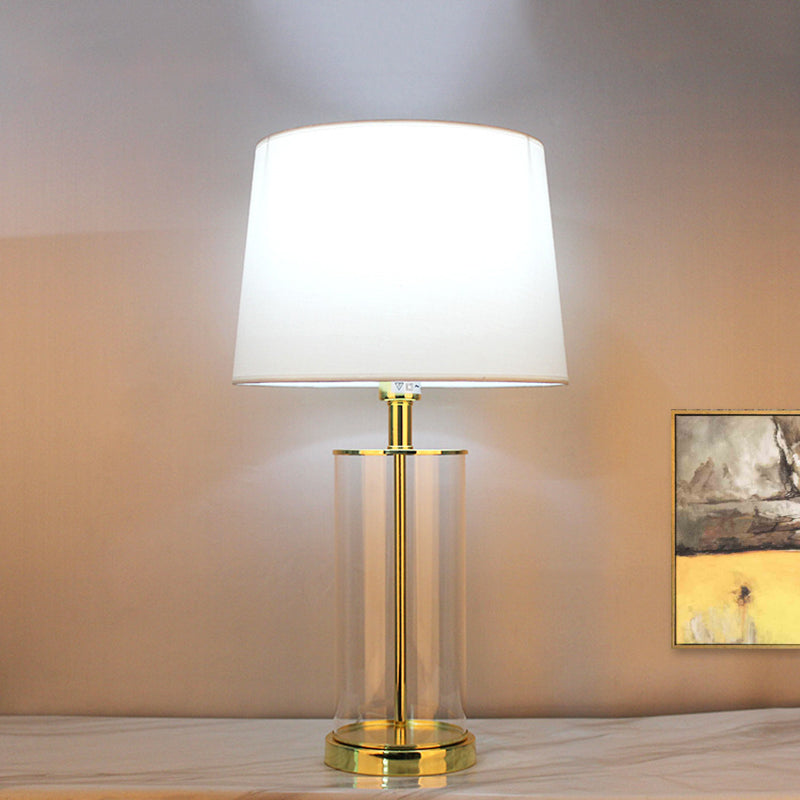 Modernismo 1 scrivania head leggera leggera lampada da tavolo da tamburo affusolato conico con tonalità in tessuto