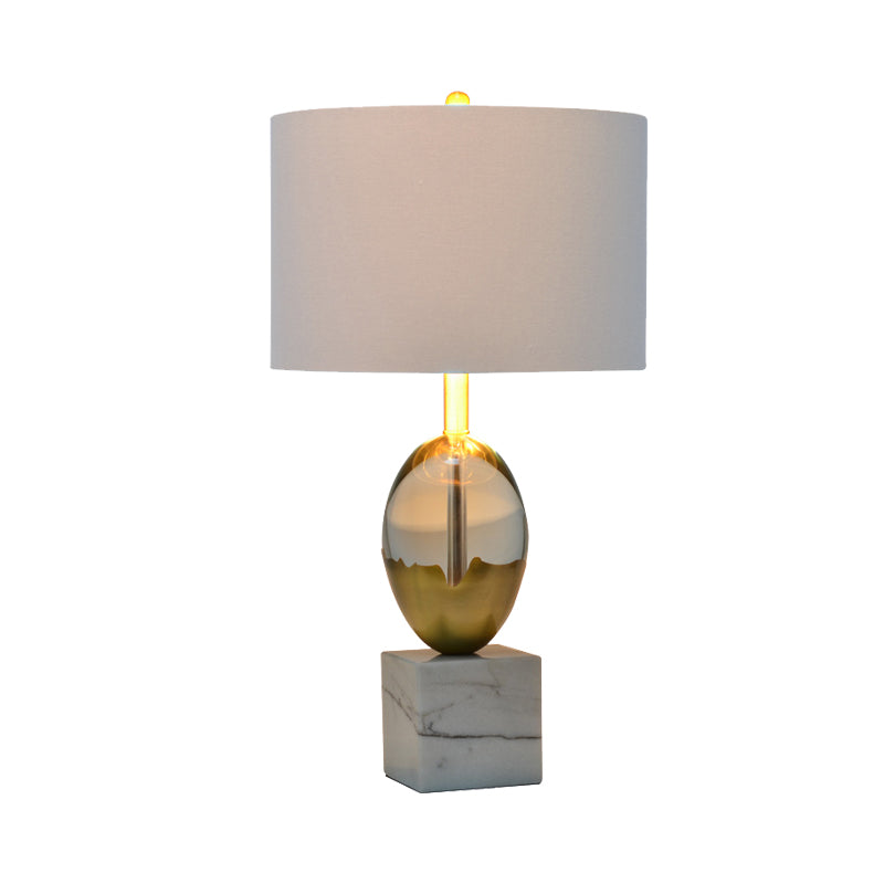 Cylindrical Fabric Task Light Modern 1 Bulb Grey Nightstand Lamp with Square Marble Pedestal