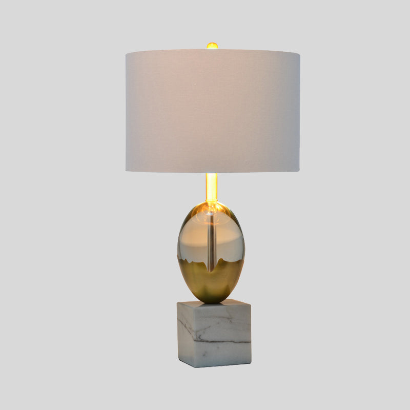 Cylindrical Fabric Task Light Modern 1 Bulb Grey Nightstand Lamp with Square Marble Pedestal