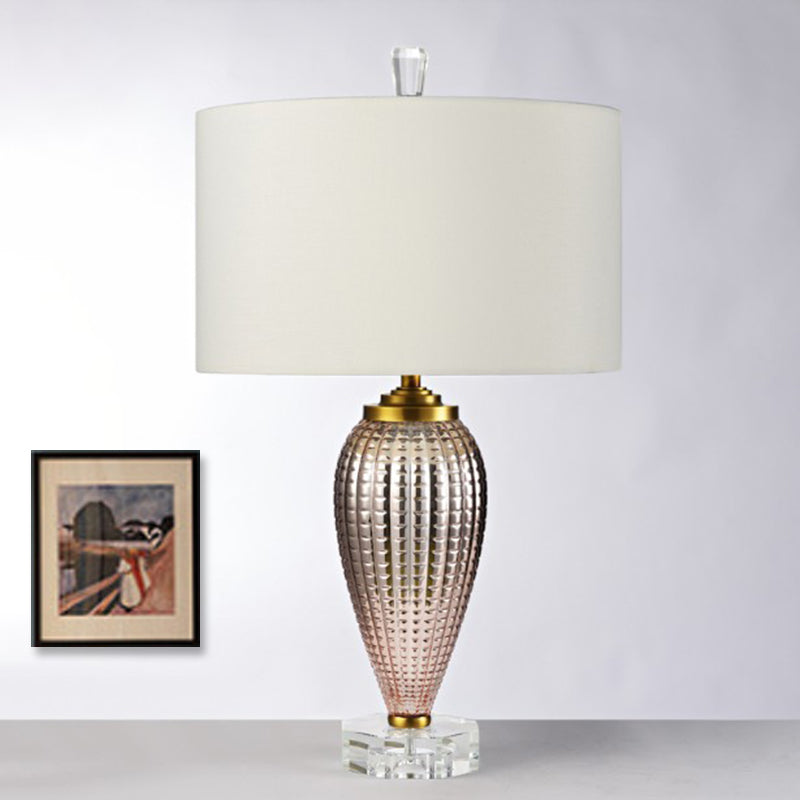Lampada da tavolo moderna a 1 testa con lampada da scrivania piccola a cilindro bianco con paralume in tessuto