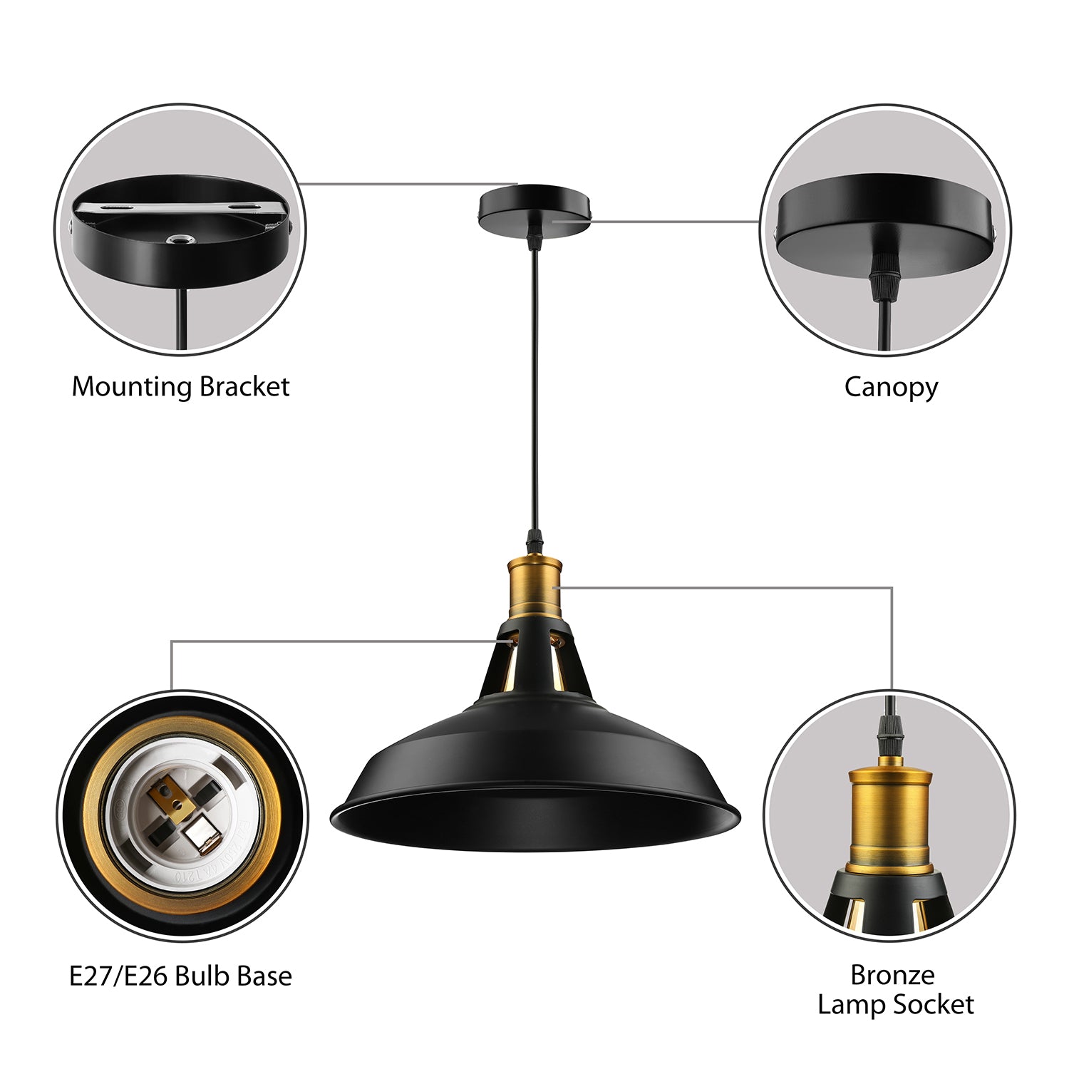 10.5"/12"/15" W 1 Light Hanging Light with Barn Shade Iron Farmhouse Style Dining Room Ceiling Light Fixture in Black/White/White Inner