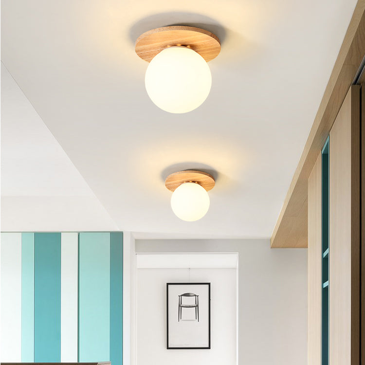 Modern Concise Flush Mount Wooden Globe Ceiling Light with White Glass Shade