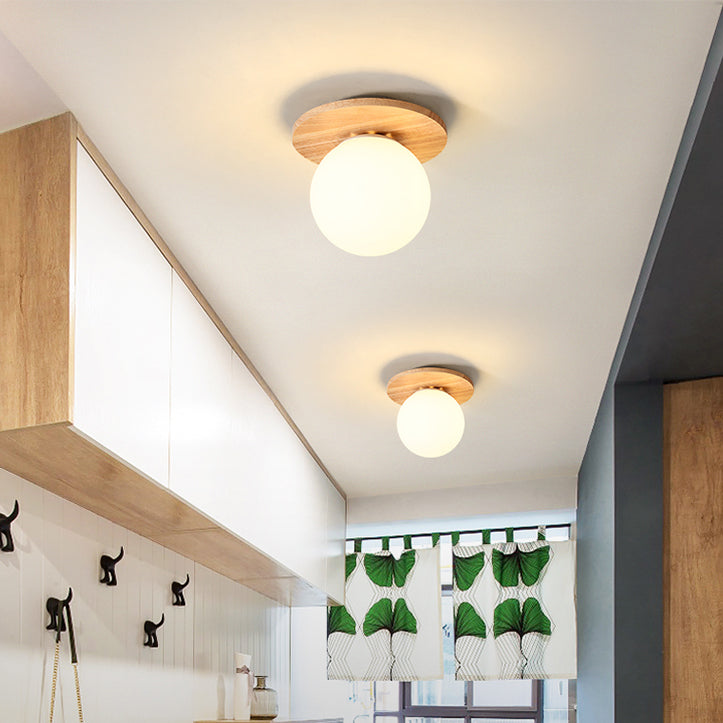 Modern Concise Flush Mount Wooden Globe Ceiling Light with White Glass Shade
