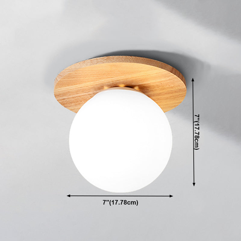 Modern Concise Flush Mount Wooden Globe Ceiling Light with White Glass Shade