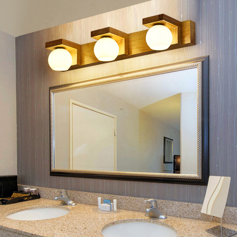 Wood Ball Mirror Wall Light Modern Multi Lights Wall Mounted Light Fixture in Brown