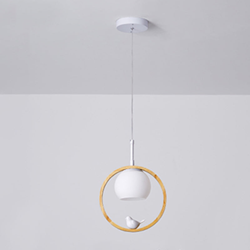 Modern Artistic Single Hanging Lamp Wooden Globe Pendant Light with White Glass Shade